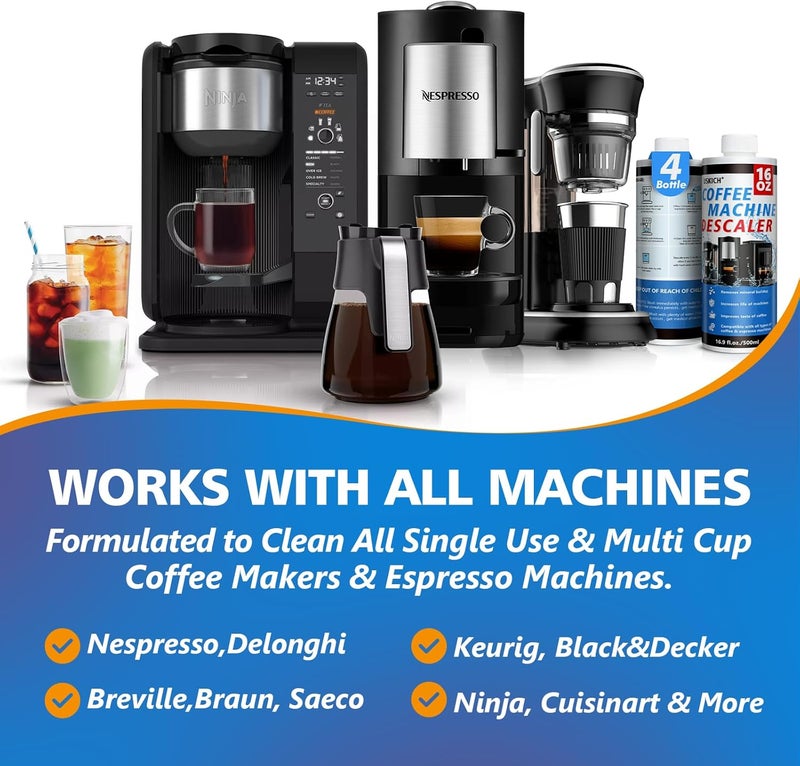 USKICH 4 Pack Coffee Machine Descaler Cleaner -16 Uses,Descaling Solution for Nespresso Breville Keurig Jura &Delonghi - Coffee Machine Cleaners For All Coffee Makers & Espresso Machines,Glass Pot Cleaner - Image 4